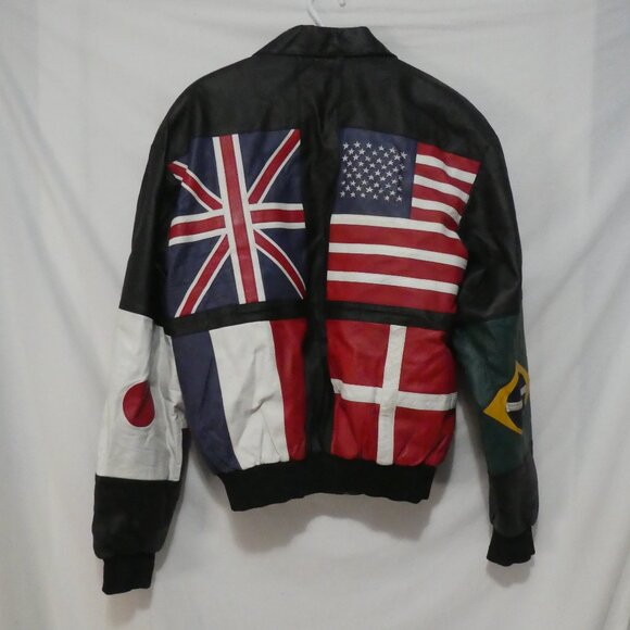Vintage | Men’s Black Leather International Flag Bomber Jacket | xxl - Picture 2 of 14